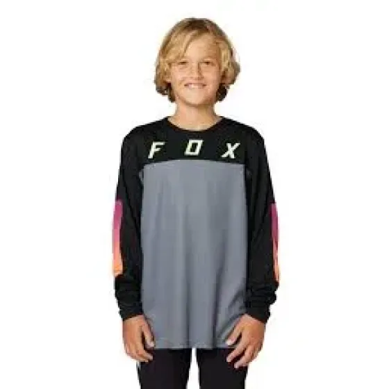 Ver más sobre Indumentarias Remera FOX Manga Larga Niño YTH Defend LS Jersey Race Negra con Gris logo Fluor, Argentina
